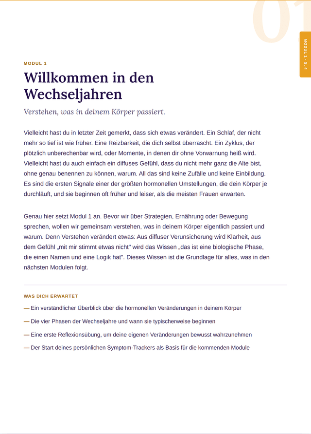 Workbook-Seite: Modul 1, Willkommen in den Wechseljahren